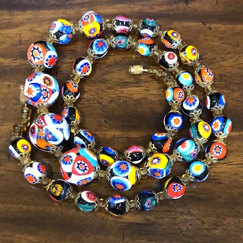 VINTAGE Graduated Millefiori Italian Hand Blown Glass Bead Necklace 22”